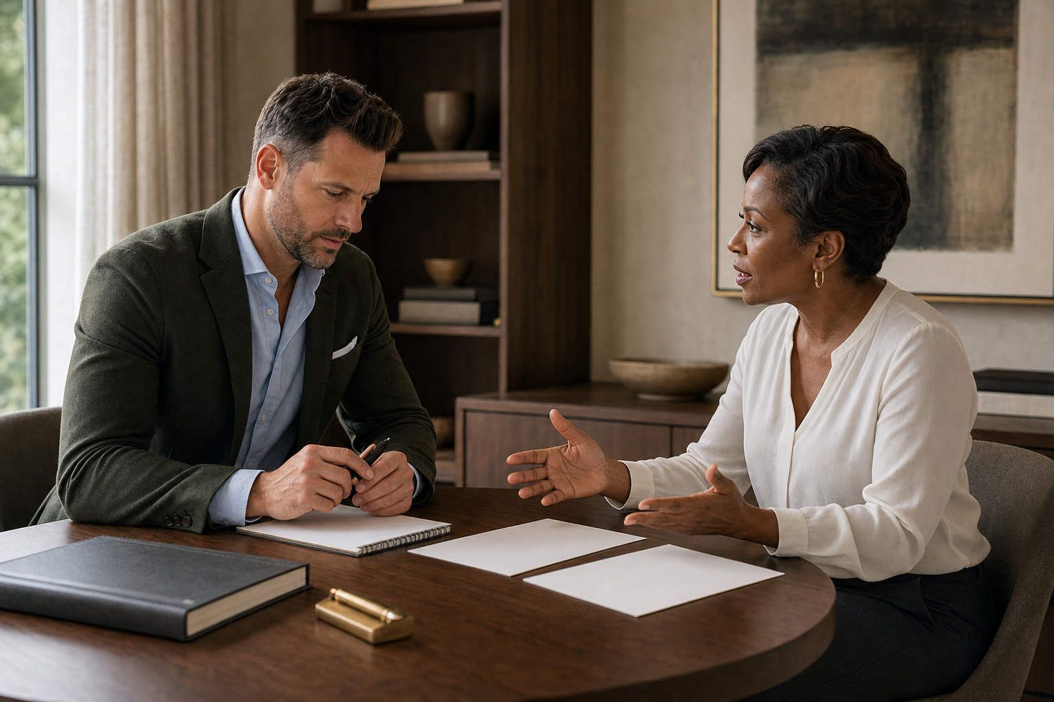 Two people discussing business plans together at a table