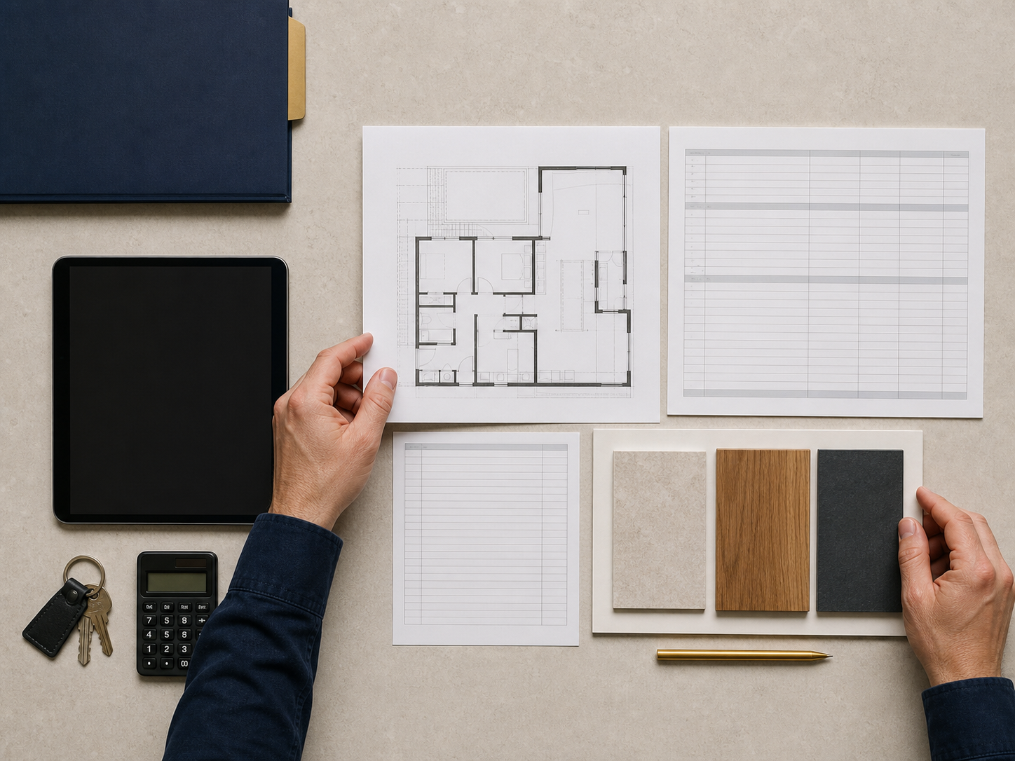 A business worktable with plans, material samples, a tablet, and project papers